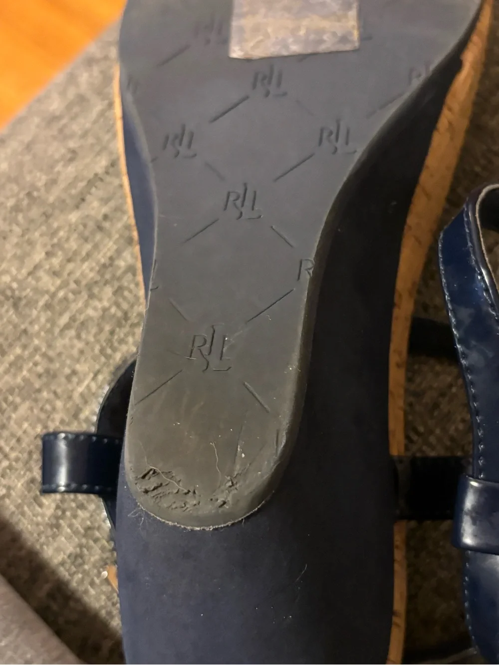 Lauren Ralph Lauren Rosalia Navy Patent Wedge Sandals Cork Footbed Size 9B